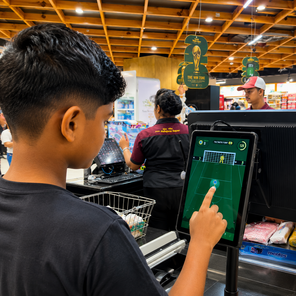 A young shopper uses a football-themed touchscreen beside a checkout counter at Mahajana Super.